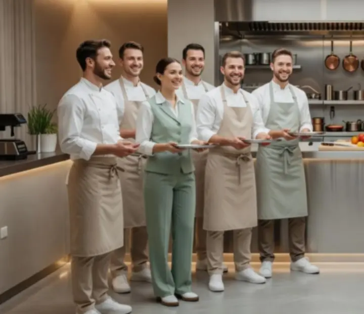 Mosolygó séfek és éttermi csapat a konyhában